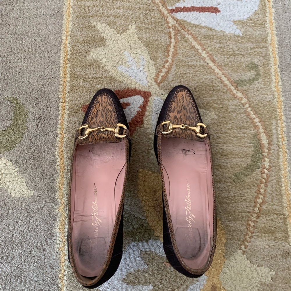 Beverly Feldman pinstripe leopard loafers, gold detail with kitty heel.